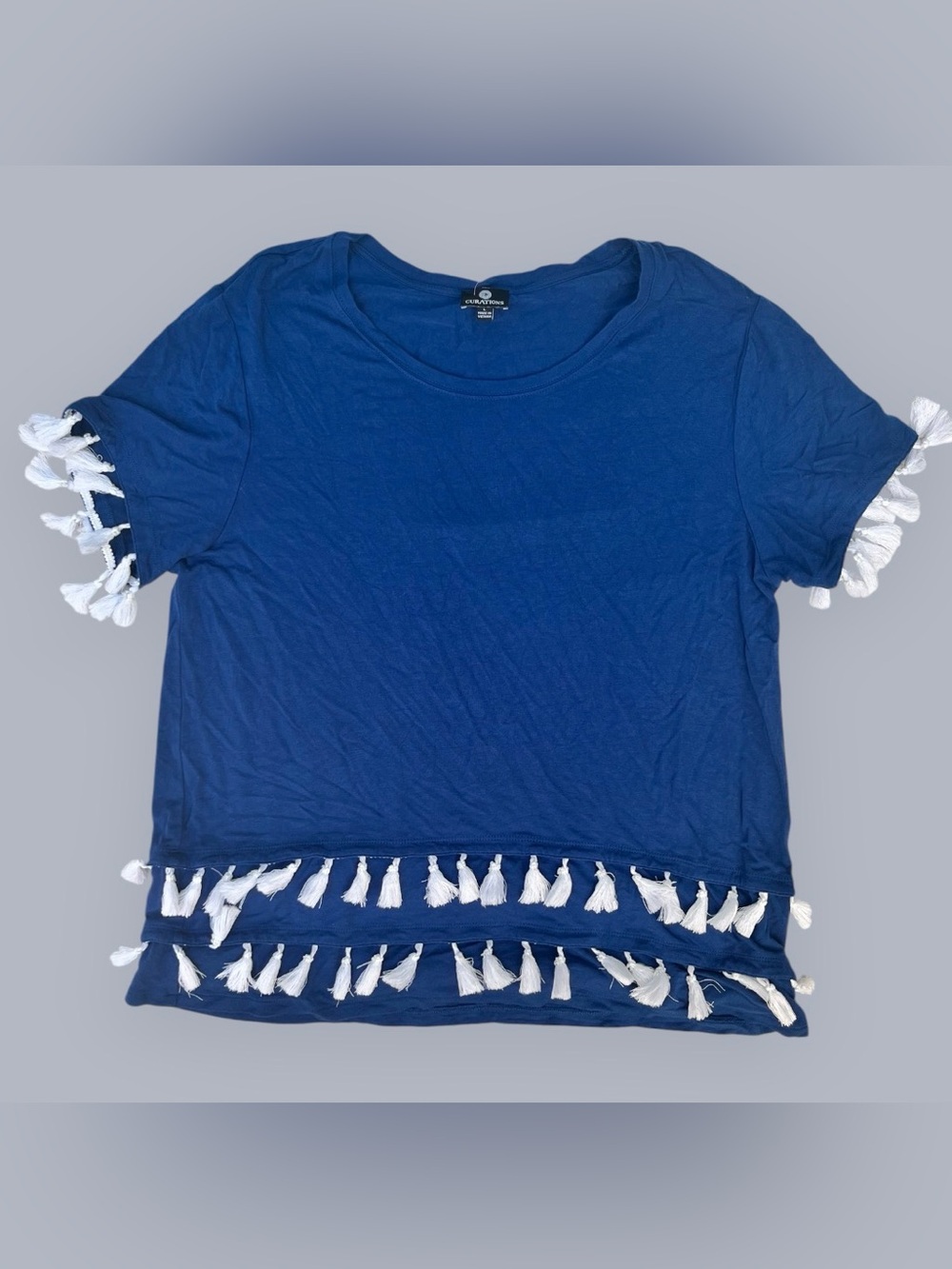 Curations Blue Tassel Trim Short Sleeve Top | Size Large | Boho Tassel Tee